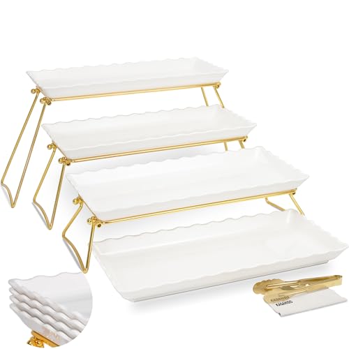 Extra Large 4-Tier Serving Tray Set - Gold Wave Edge Melamine Dessert Display for Parties