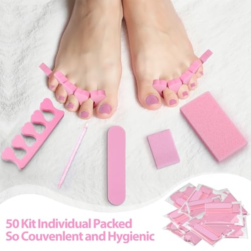 50 Sets Disposable Pedicure Kit Individually Package 5 in 1 Pedicure Tools Pumice Stone Nail File 80/100 Grit Mini Buffer Toe Separator Cuticle Pusher Clear Bag for Salon Home(Pink)