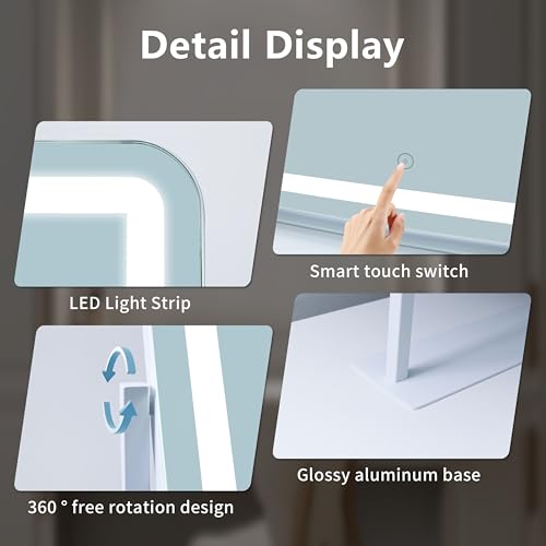 Vanity Mirror with Lights, Large Makeup Mirror, LED Lighted, 3 Color Modes, 360 Rotation, 22.2" x 16.3" White