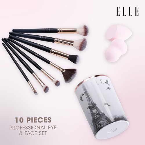 ELLE - Professional Eye & Face Set, Soft Synthetic Bristles, Travel-Friendly, 10-Piece