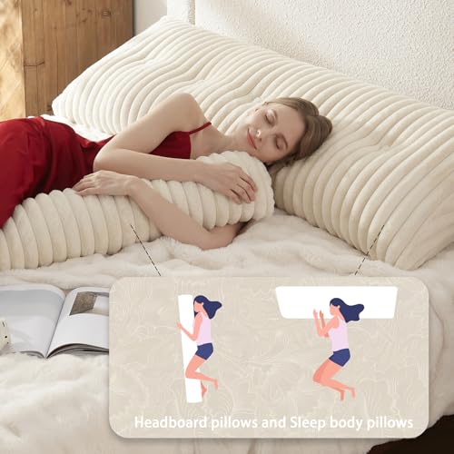 Queen Faux Fur Headboard Wedge & Body Pillow Set - Beige