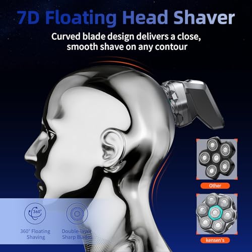 kensen 7D Head Shavers for Bald Men - Dual Speed Bald Head Shavers with LED Display, Electric Razor for Men IPX6 Waterproof Wet/Dry Shaving Head Razor Magnetic Head Balding Clippers for Men Black