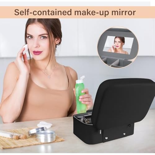 [Bridal Makeup Bag with Mirror] Large-capacity travel makeup storage bag, with compartments and a free brush pouch, waterproof PU makeup bag, durable structure & portable design (black Style)