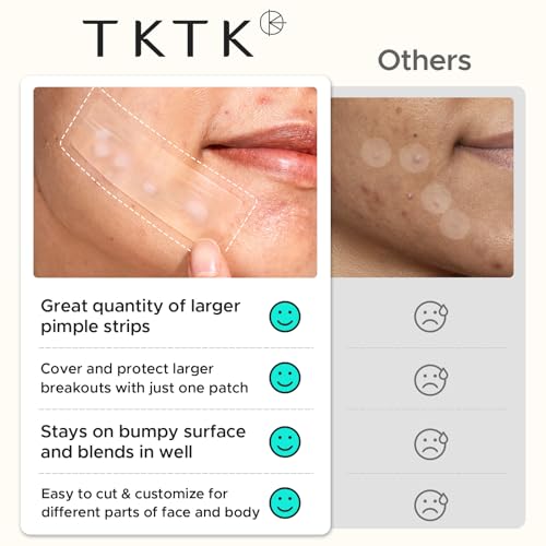 TKTK Large Pimple Patches for Face, XL Acne Patches 60 x 20 mm, Big Hydrocolloid Bandages for Body, Forehead, Chin, Neck Zit Breakouts, Hydrocolloid Patch (Strip, Contoured, Dot 5 Sizes 300 Count)