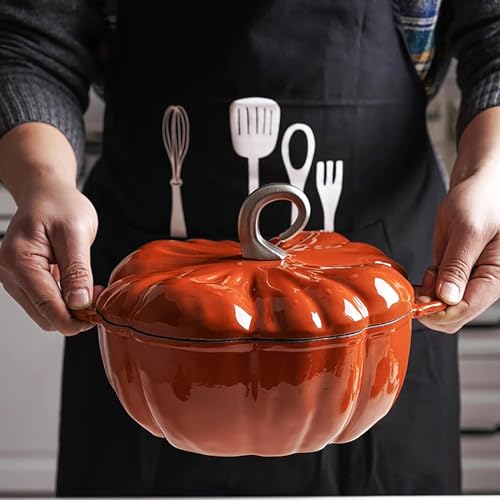 Lebolna 4 Qt Pumpkin Dutch Oven Pot with Lid - Orange Enamel Cast Iron, Halloween & Holiday Kitchenware