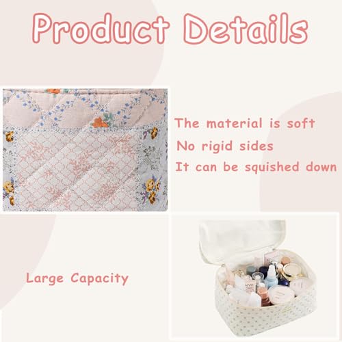 Large Quilted Makeup Bag for Women - 3 Pack Pink Flower Variation