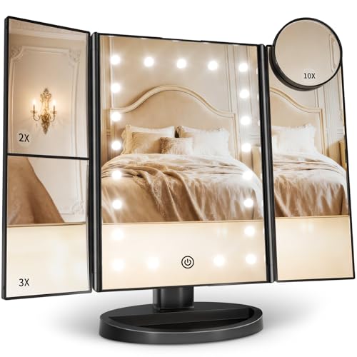 HUONUL Lighted Trifold Makeup Mirror with 2X/3X/10X Magnification - Black