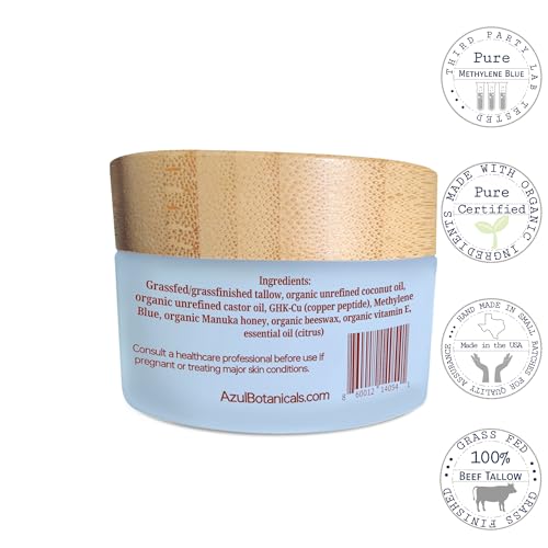 Copper Peptide GHK-Cu & Methylene Blue Infused Whipped Grass Fed Beef Tallow Balm, Anti-Aging, Fine lines, Wrinkles, Eczema, Acne, Full body moisturizer, All skin types, With Organic Ingredients 3.4oz