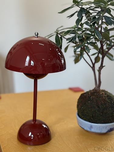 Cordless Rechargeable Flower Bud Mushroom Table Lamp - Brown Red, 12 Inch