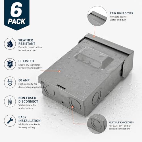 6 Pack Outdoor AC Disconnect Boxes 60A Non-Fused Pull-Out HVAC Switches