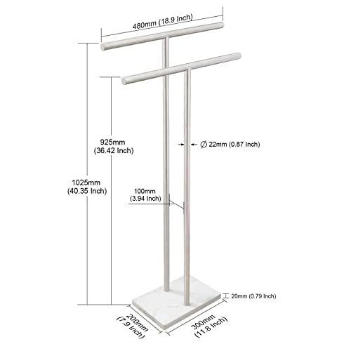 Standing Towel Rack 40 Inch Double-T Shape with Marble Base - Brushed Nickel