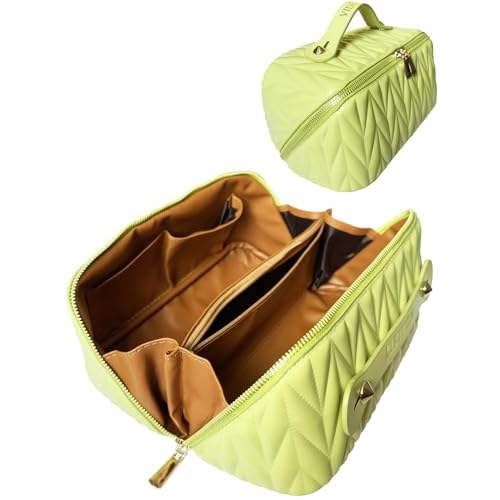 Travel Makeup Bag for Women, Large Capacity Cosmetic Bags for Girls, Compact Pouch Make up Organizer, Waterproof Toiletry Bag with Divider and Handle (Green)