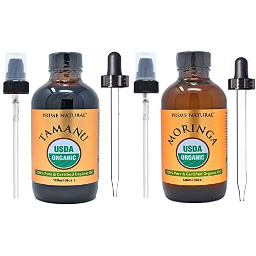PRIME NATURAL Organic Tamanu Oil (4oz) & Organic Moringa Oil (4oz) Bundle - USDA Certified - Cold Pressed, Virgin, Unrefined, Vegan