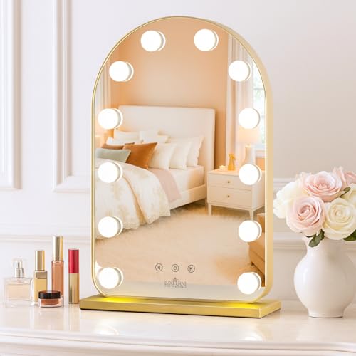LUXFURNI Arched Hollywood Vanity Mirror with Lights - Gold, 20.5L x 13W