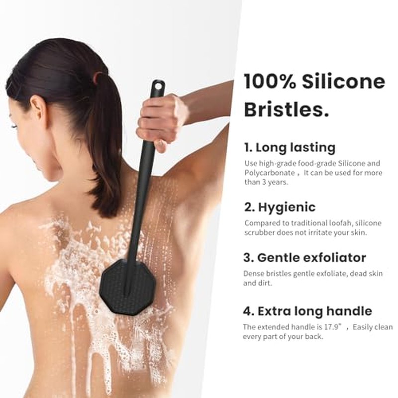 iTokGoK¢ç Premium Silver-Infused Silicone Back Scrubber with Long Handle Back Brush for Shower,Back Brush Long Handle for Men and Women,Ergonomic No-Slip Handle, Long-Lasting (Black)