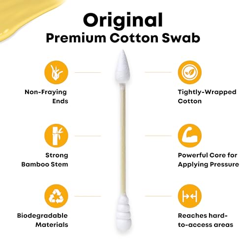 6 Pack Bamboo Cotton Swabs - Dual-Tip Spiral & Fine Point, Extra Strong, Lint-Free 1200ct