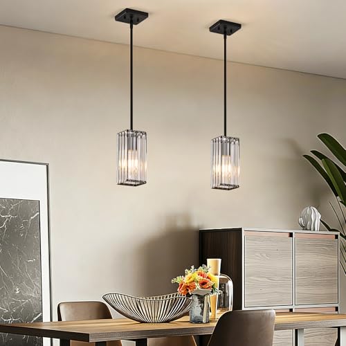 Kvhiiw 3-Pack Black Crystal Pendant Lights for Kitchen Island & Dining Room - Adjustable Height, Dimmable, Modern Design