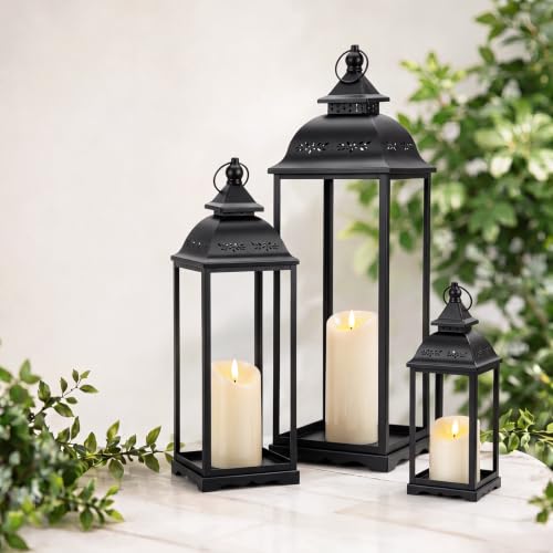 Kittmip 3 Pack Large Black Outdoor Lanterns with Flameless LED Candles - Farmhouse Decor for Porch Patio Fireplace