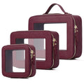 Pinkmik Clear Makeup Bag Set - Burgundy L+M+Mini Variation for Travel & Organization