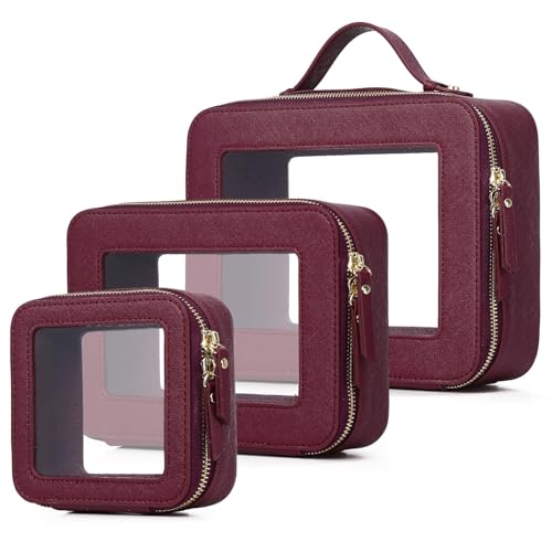 Pinkmik Clear Makeup Bag Set - Burgundy L+M+Mini Variation for Travel & Organization