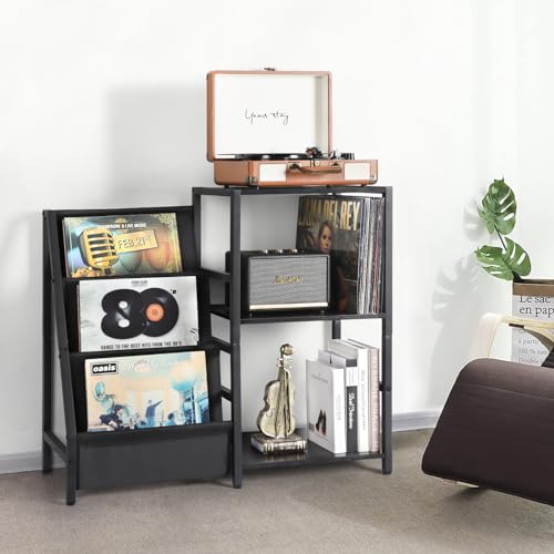 Black Record Player Stand with 3-Tier Vinyl Storage - Fits Up to 200 Albums