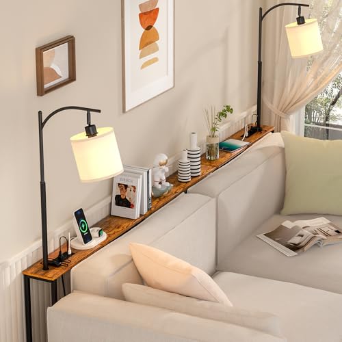 Keomaisyto Skinny Sofa Table with Outlet & 3-Color Light, Brown, 46.1 Inch - Fixed Height, Swivel Light