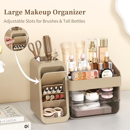 Jywantful Light Mocha Brown Makeup Organizer with Adjustable Brush Holders & Clear Drawers