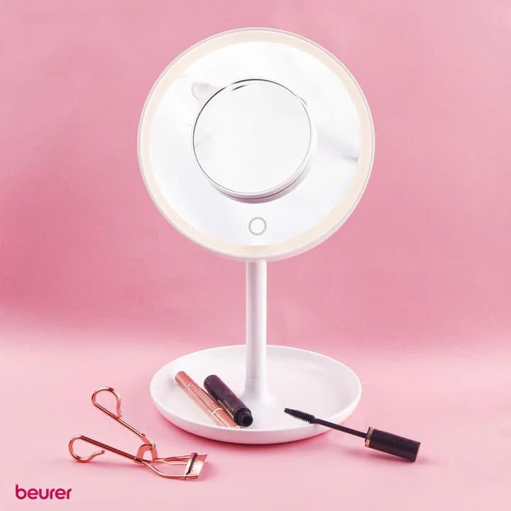 Illuminated 5X Vanity Mirror with Touch Control, Storage Tray, 13.8"L x 7.3"W, Magnetic Magnification, White LED, Cordless, 360° Rotation