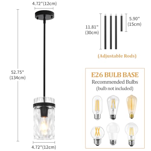 2-Pack Black Hammered Glass Pendant Lights for Kitchen Island - Modern Adjustable Hanging Lamp by ZSMIHDOH