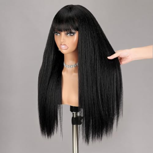 Long Yaki Straight Wig with Bangs for Black Women - Black / 26 - Glueless, Beginner Friendly Synthetic Hair