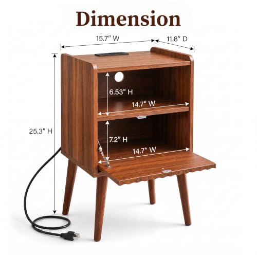Nightstand with Charging Station - Walnut, 15.7" D x 11.8" W, Brown Variation