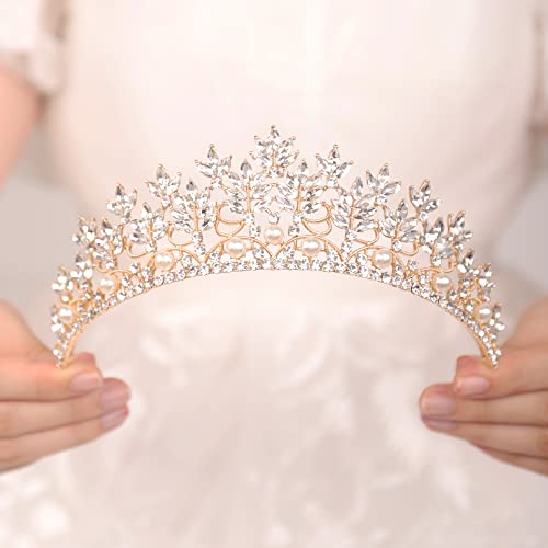 JWICOS Gold Crystal Pearl Tiara Crown for Women Princess Rhinestone Crown Headband for Brides Bridal Wedding Hair Accessories for Brides and Bridesmaid (Gold)