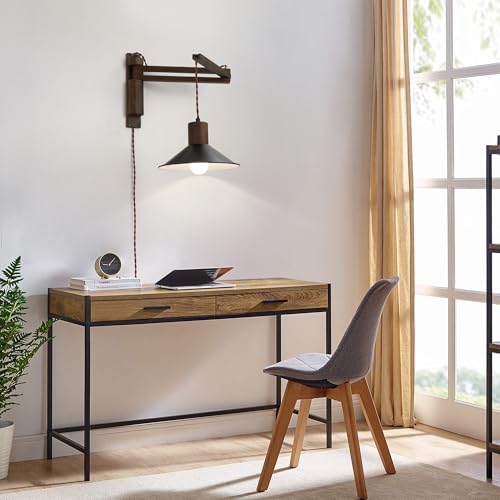 Black Wood Plug-in Wall Lamp with Adjustable Swing Arm - Farmhouse Bedroom Lighting