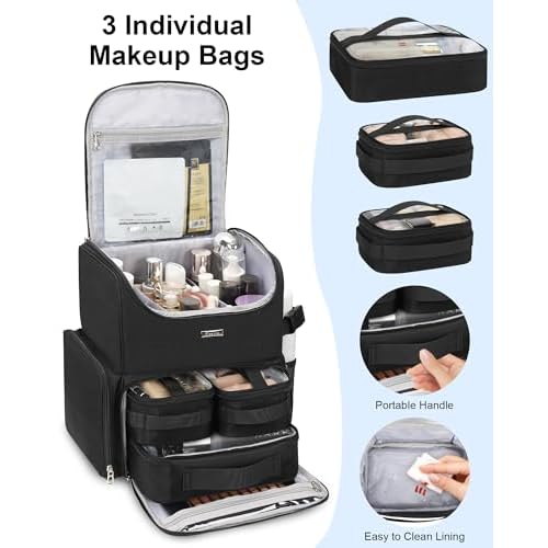 Relavel Makeup Backpack Large Makeup Bag with 3 Clear Set Bags, Dual Layer Professional Cosmetic Organizer Travel Train Case Makeup Artist Kit with Adjustable Dividers & Easy to Clean Lining, Black