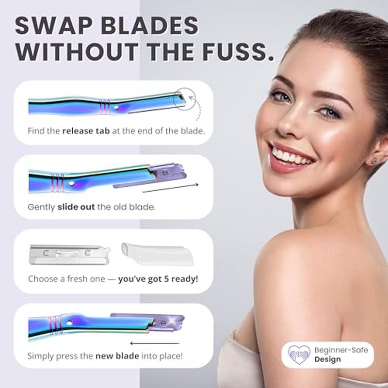 Jungle Culture Dermaplaning Tool ? Facial Razor for Women with 5 Refill Blades ? Reusable Eyebrow Shaper & Exfoliator ? Rainbow