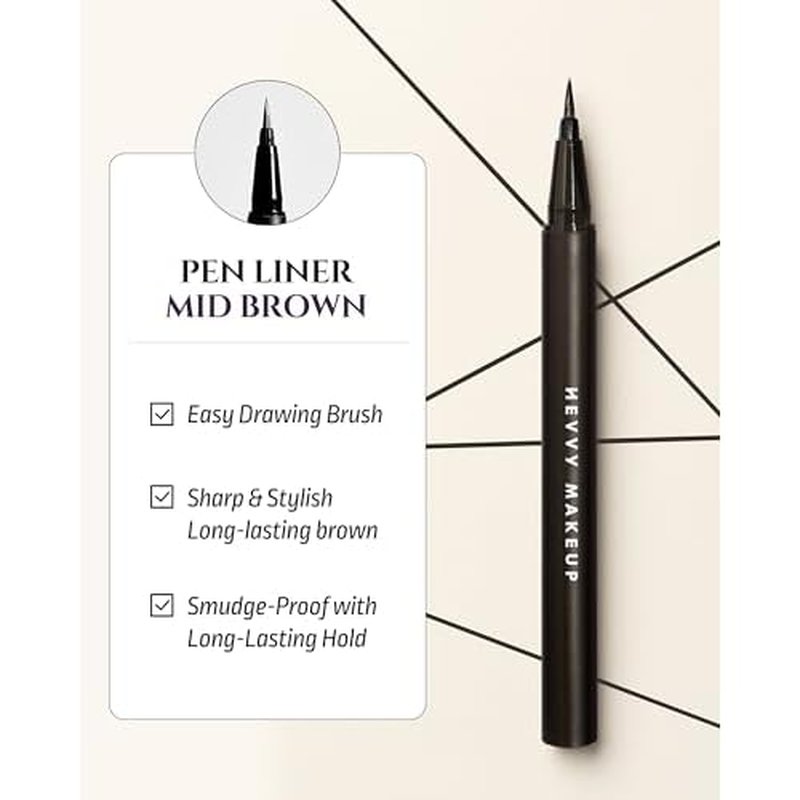 HEVVYMAKEUP Define Eyes Pen Liner Mid Brown - Precision Waterproof Matte Brown Eyeliner with Ultra-Fine Fiber Brush - Long Lasting Smudge Resistant - Korean Eye Makeup, 0.02 oz.