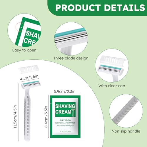 Disposable Razors Bulk - Pack of 100,Individually Wrapped Grey 3 Blade Razors with 8 ml/0.28 fl oz Packet Shaving Cream and Clear Cap for Homeless,Hotel,Shelter,Travel