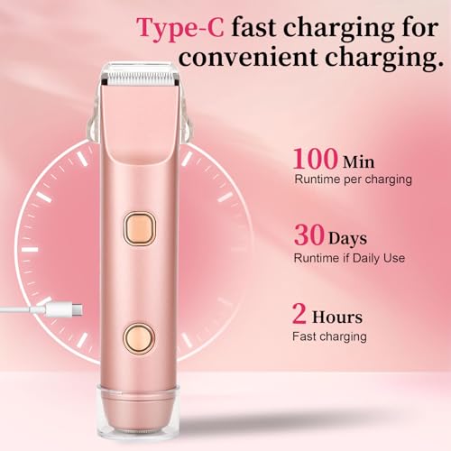 Bikini Trimmer for Women - Painless Electric Shaver, Travel Cordless Shaving Kit, 2-in-1 Shaver, IPX7 Waterproof, Easy to Clean, Compact and Portable, USB Rechargeable, PINK