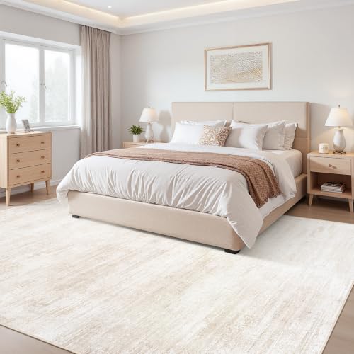 Beige Cream Washable Area Rug 8x10 Abstract Living Room Carpet - Non-Slip