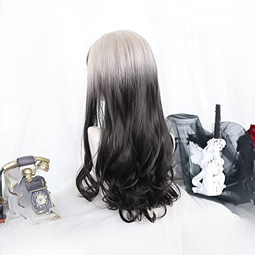 Wavy Long Black White Synthetic Hair Lifelike Daily Sweet Lolita Japanese Hot Princess Cosplay Party Natural Female Wigs with Bangs