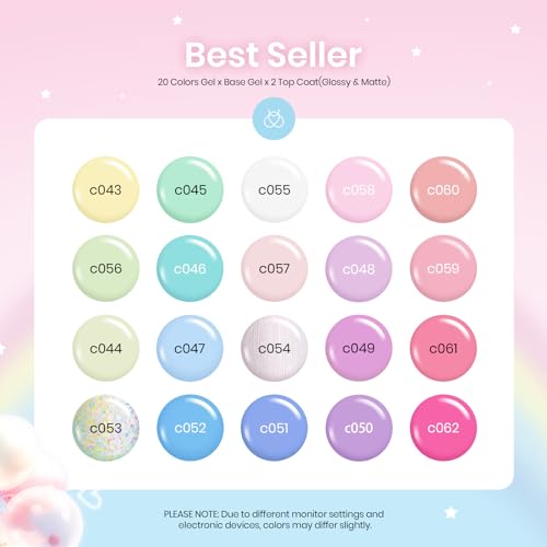 Beetles Gel Nail Kit Easy Extension Set and beetles Gel Polish Nail Set 20 Colors Pastel Girly Sparkle Glitter Uv