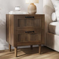 Walnut Fluted Nightstand with 2 Drawers - Mid-Century Modern Bedside Table
