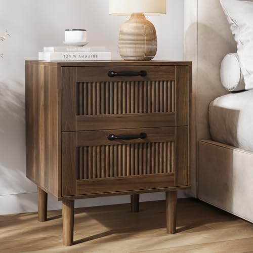 Walnut Fluted Nightstand with 2 Drawers - Mid-Century Modern Bedside Table