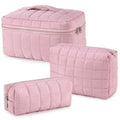 3 Pcs Large Puffy Makeup Bag Set Quilted Cosmetic Pouch for Women Cute Checkered Travel Toiletry Bag Puffer Makeup Organizer Purse Pouch Preppy Pencil Case with Zipper Valentine Gift(Pink)