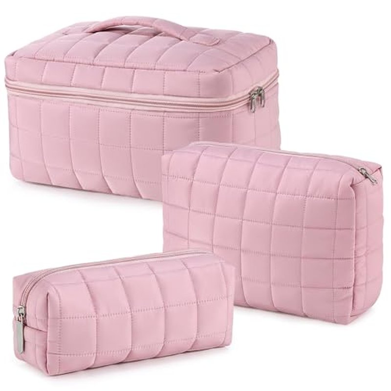 3 Pcs Large Puffy Makeup Bag Set Quilted Cosmetic Pouch for Women Cute Checkered Travel Toiletry Bag Puffer Makeup Organizer Purse Pouch Preppy Pencil Case with Zipper Valentine Gift(Pink)