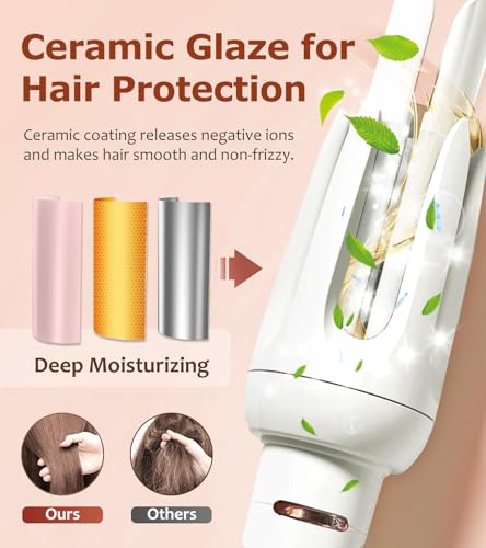 Automatic Hair Curler with 4 Temp & 3 Timer - White - Safe Rotating Wand