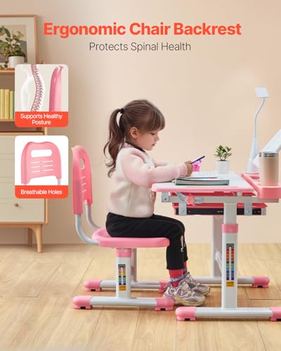 Kids Study Desk and Chair Set with Tilting Desktop and Table Lamp - Pink, Adjustable Height