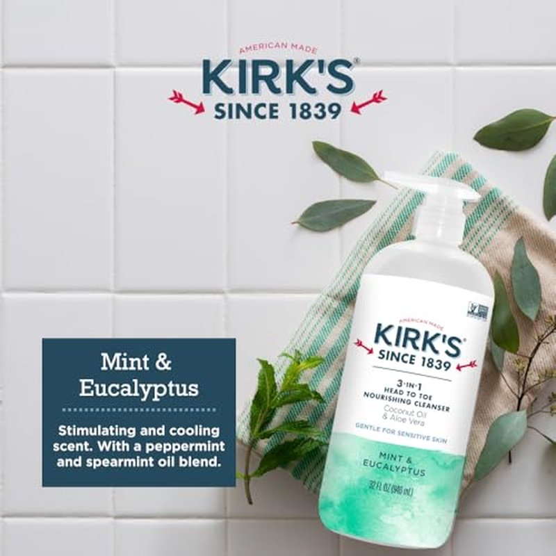 Kirk's 3-in-1 Head to Toe Nourishing Liquid Cleanser & Travel Size Bar Soap - for Men, Women & Children - Premium Coconut Oil & Aloe Vera- Non GMO & Vegan -Mint & Eucalyptus - 32 Fl Oz