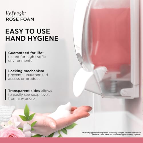 SC Johnson Professional Rose FOAM Dispenser and Refill Starter Kit, Wall Mount Soap Dispenser for Hand Soap, 1 Refresh Rose FOAM Hand Wash, 1 Liter Cartridge, 33.8 fl. oz., for Professional Use Only