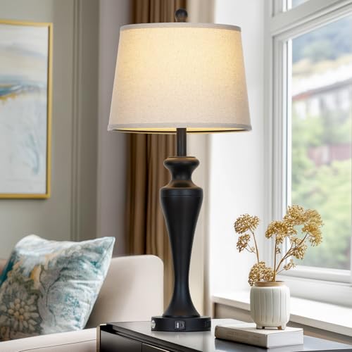 Black 30-Inch Modern Table Lamps Set of 2 with Touch Control & USB Ports
